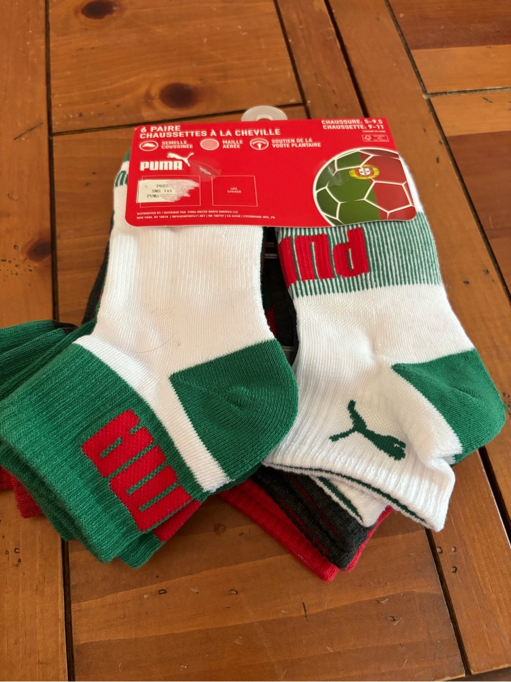 Puma Men’s Soccer Ankle Socks in White, Green & Red - 3 Pair